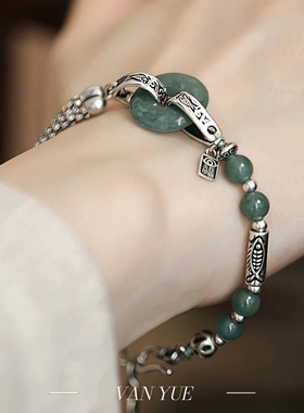S925银复古翡翠平安扣圆珠鱼管葫芦尾链手链小众设计感