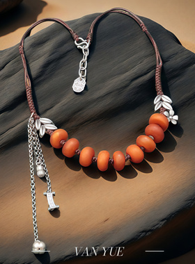 S925纯银柿子麦穗天然老蜜蜡随形饼子项链 复古做旧民族风锁骨链