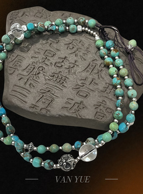 S925银黄绿松石圆珠方形镶嵌吊坠项链毛衣链