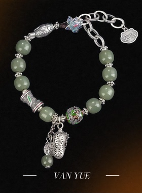 S925纯银花生小鱼碧玉老型桶珠手链女复古民族风串珠原创设计饰品