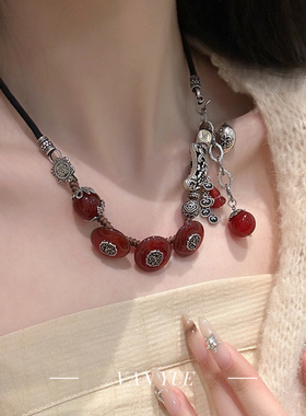 S925银玛瑙平安扣六边形葫芦弯月牡丹元宝流苏手链新中式小众设计