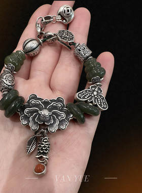 S925银和田玉葫芦南红镶嵌锦鲤吊坠祥云桶珠手链
