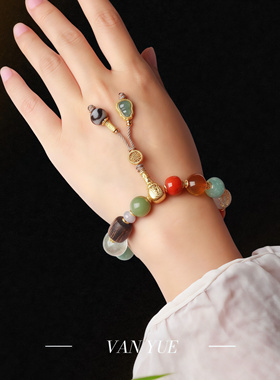 纯银天然多宝手链南红蜜蜡金发晶翡翠和田玉沉香绿幽灵手串流苏款