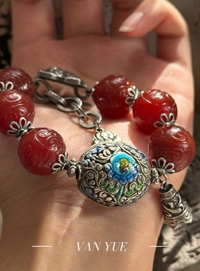 S925银滴釉唐草花吊坠回纹玛瑙圆珠摇钟手链民族风多样性发