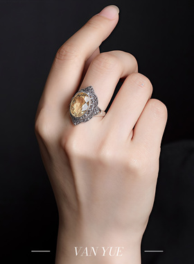 S925纯银黄水晶祥云椭圆镶嵌银戒指紫水晶花纹复古个性指环