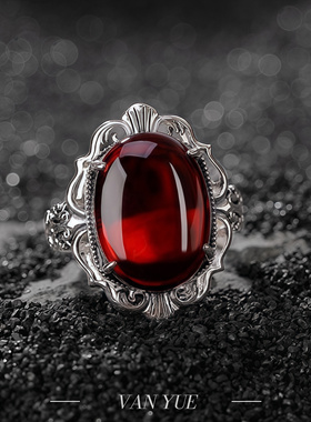 S925纯银血珀蛋面戒指复古做旧高级感配件百搭气质优雅指环