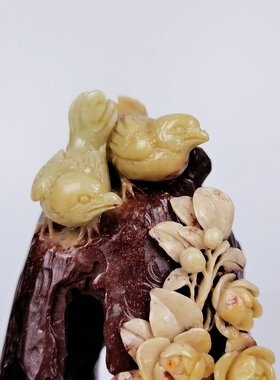 牡丹小鸟天然摆件手工艺术品