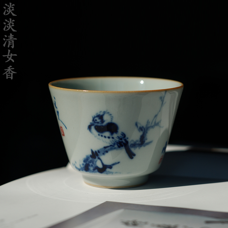 清女香手绘青花呆鸟茶杯品茗闻香杯景德镇全手工陶瓷高档精品杯