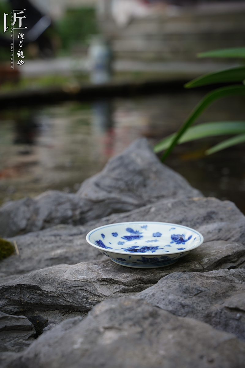 手绘青花桃花鳜鱼鱼藻壶承景德镇手工陶瓷茶具壶承茶盘赏盘摆件