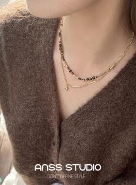 双层链条拼接虎眼石吊坠项链女