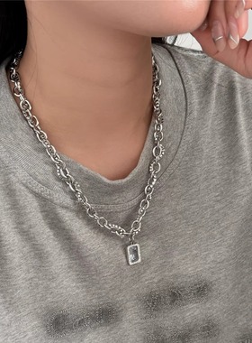 粗链条拼接细钻项链女