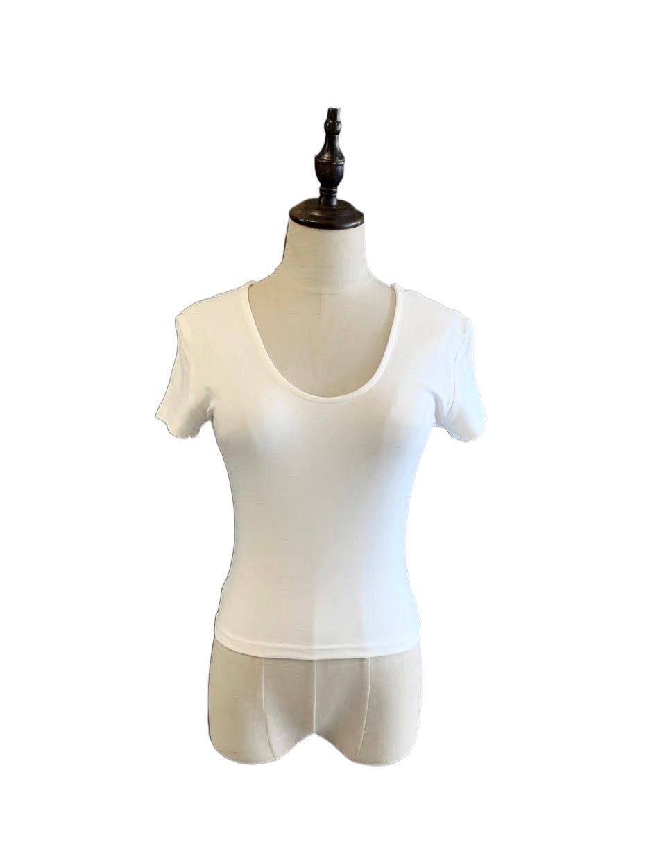 花珊珊同款囤六件的纯欲修身白色T恤女夏季低领显瘦短袖薄款上衣 - 图3