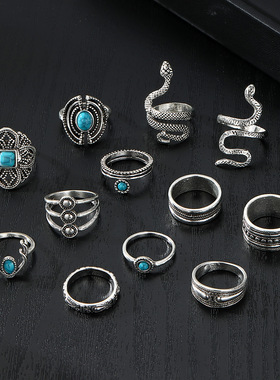 复古仿绿松银色蛇戒指女轻奢高级