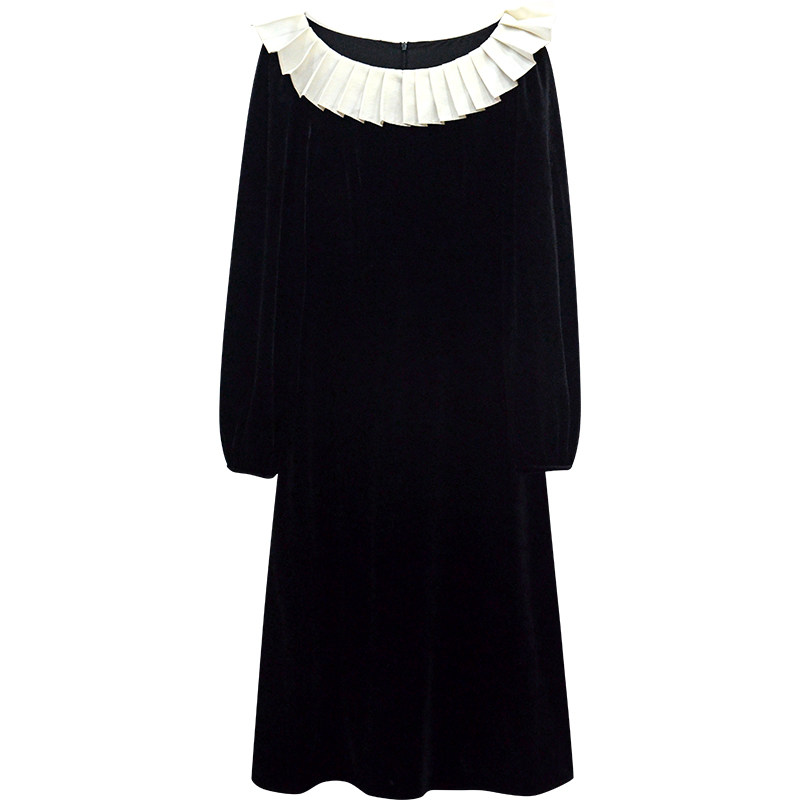 一三良品小个子 法式优雅拼色压褶翻领长袖丝绒连衣裙年会礼服裙