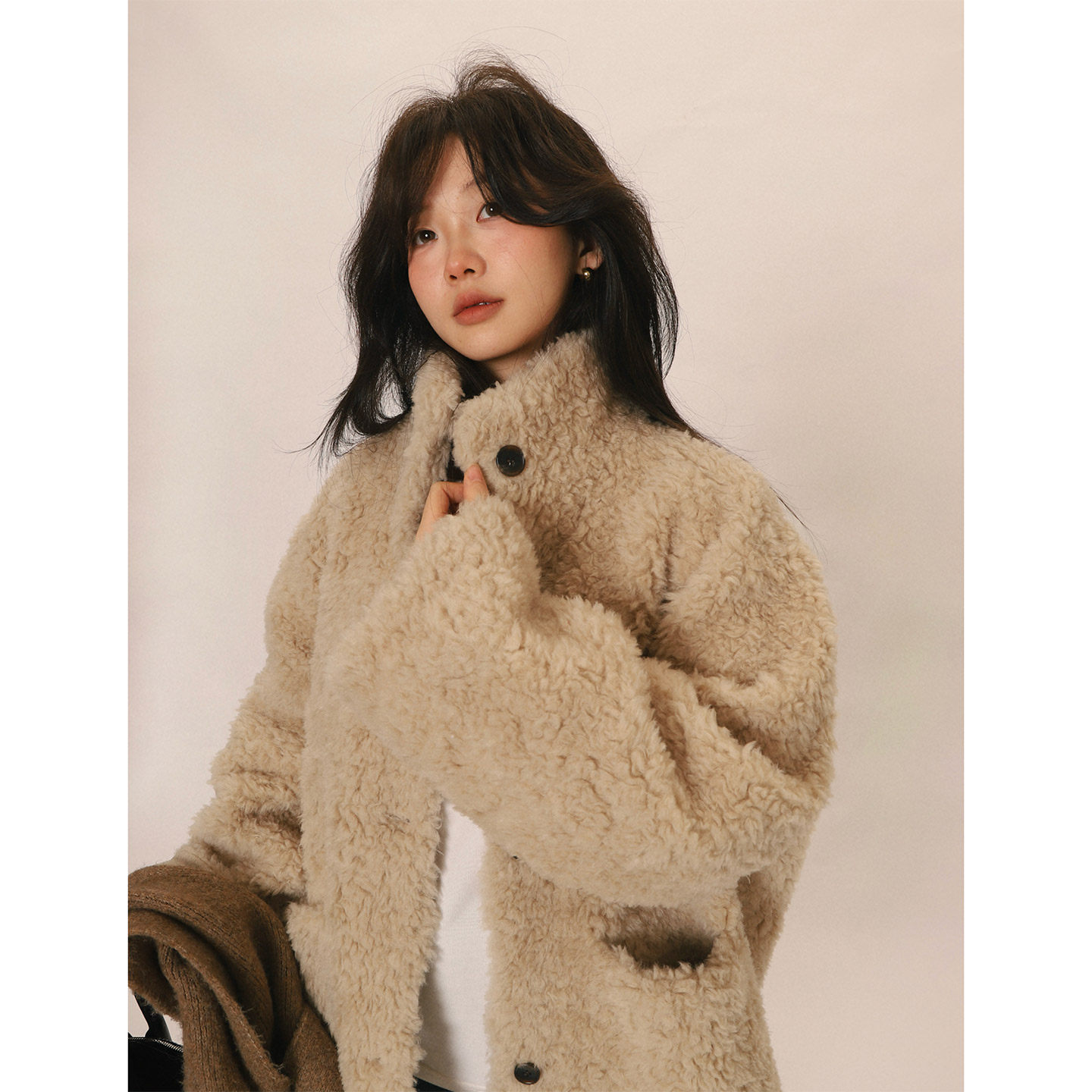 一三良品小个子 气质温柔荃羊毛羊羔毛立翻领颗粒绒外套女冬保暖,淘宝优惠券,粉丝福利购,淘宝优惠卷