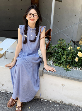蓝色格纹夏季法式棉质长款连衣裙