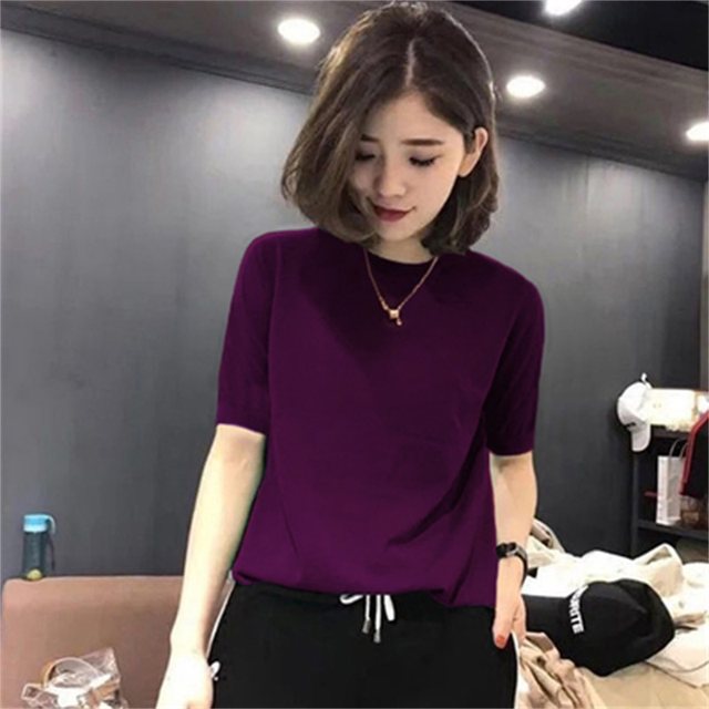 Ice Silk Knitwear Summer 2024 Half Height Round Neck Thin Short Sleeve T-shirt Women's Art Retro Loose Bottom