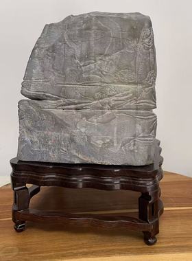 天然济源钟鼎纹石摆件 高脚黑檀木底座 书桌办公桌客厅玄关靠山石