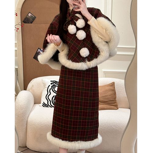 织物猪 松林见雾 冬季小香风斗篷套装女小个子格纹上衣短裙两件套 - 图0