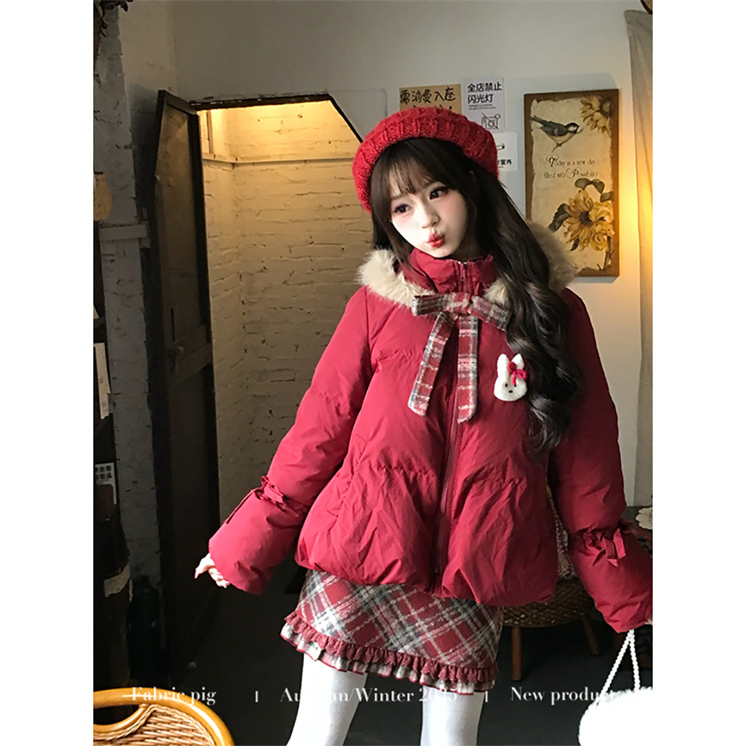 织物猪 黄油软糖 甜美风红色短款棉服外套女冬季可爱连帽新年棉袄,淘宝优惠券,粉丝福利购,淘宝优惠卷