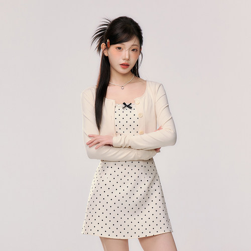 织物猪 波波奶茶 波点吊带连衣裙套装女夏季独特绝美漂亮短裙子 - 图3