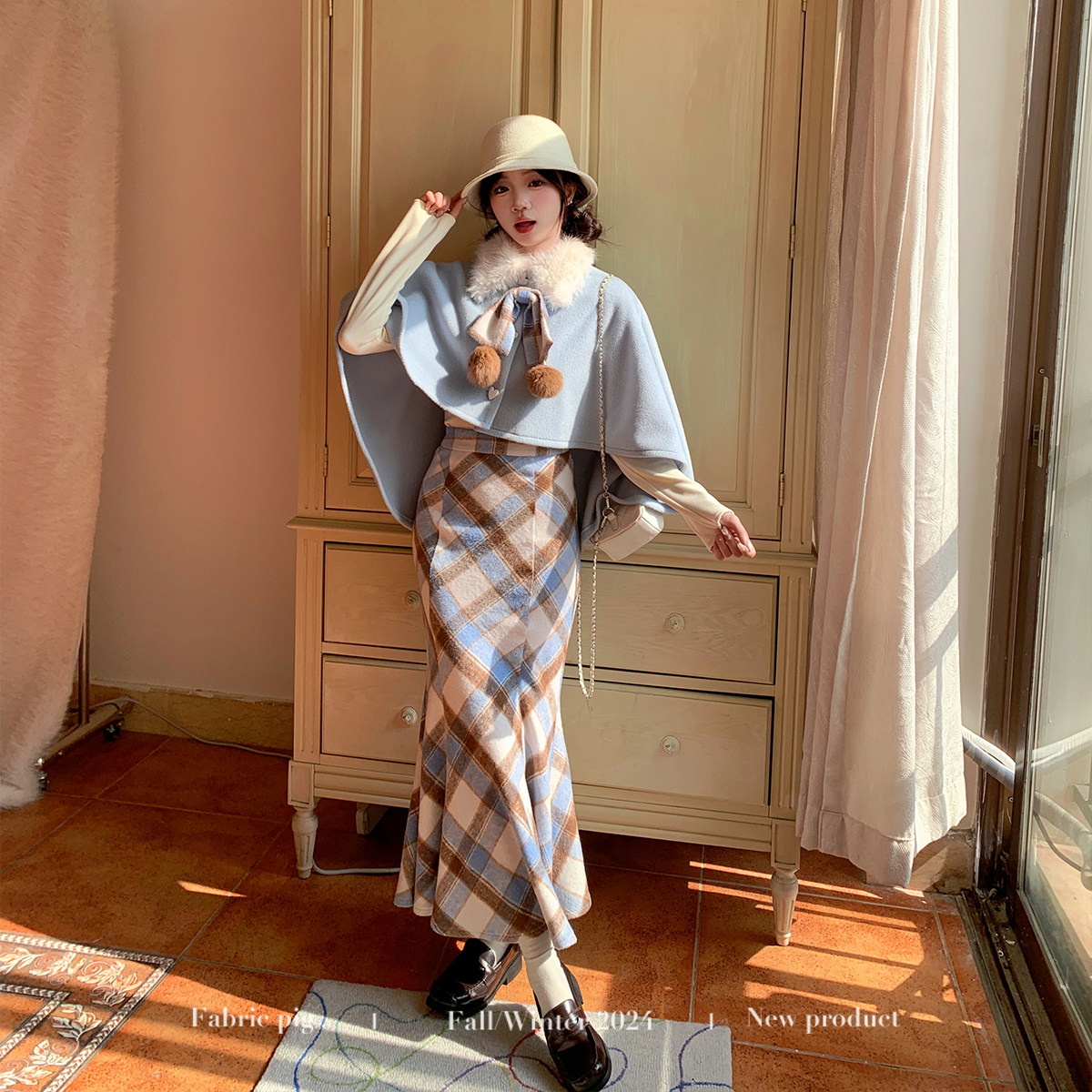 织物猪 冬日恋曲 千金风斗篷披肩外套女秋冬显瘦格纹鱼尾半身裙,淘宝优惠券,粉丝福利购,淘宝优惠卷