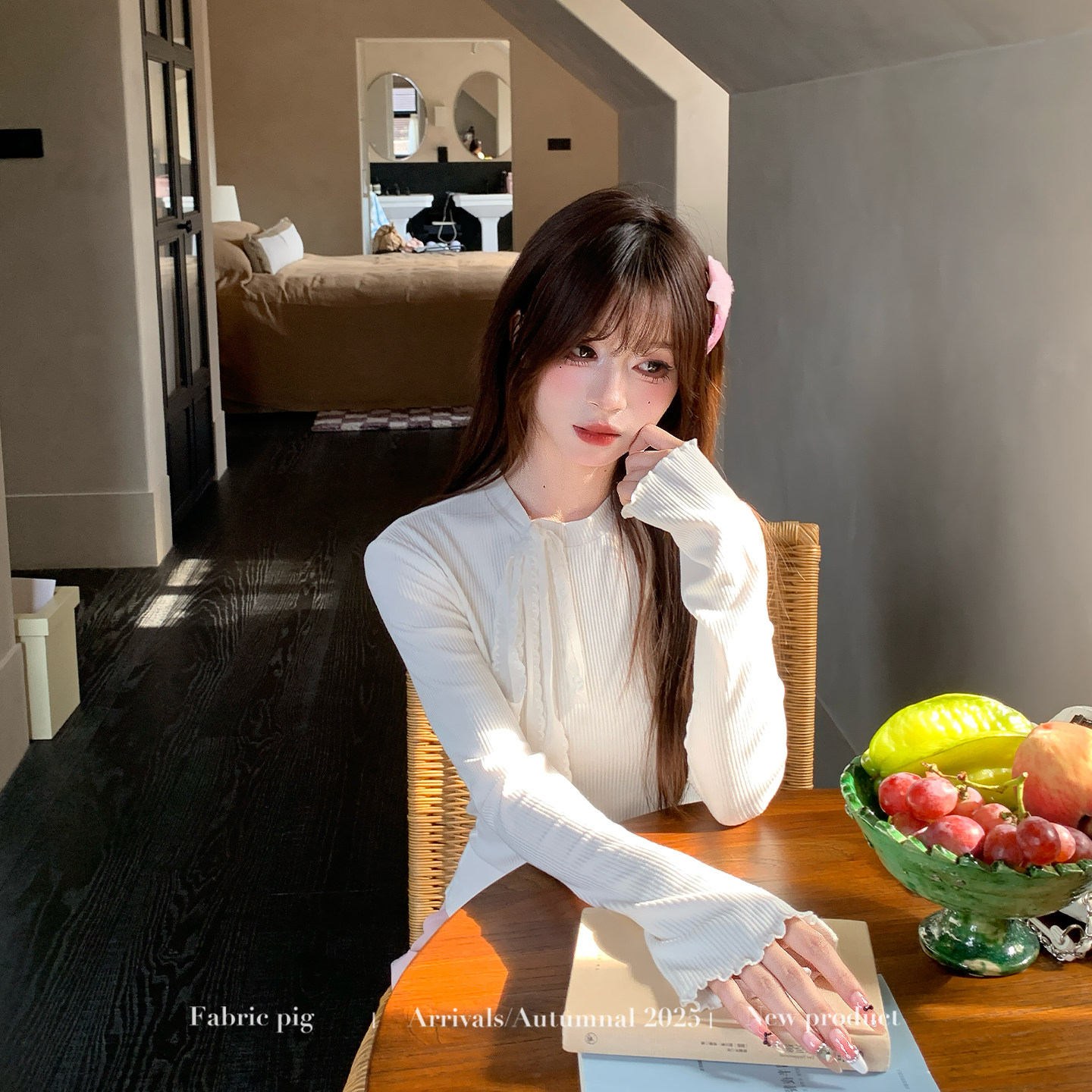 织物猪 巴黎甜心 甜美风粉色休闲套装女春季短款外套高腰阔腿长裤,淘宝优惠券,粉丝福利购,淘宝优惠卷