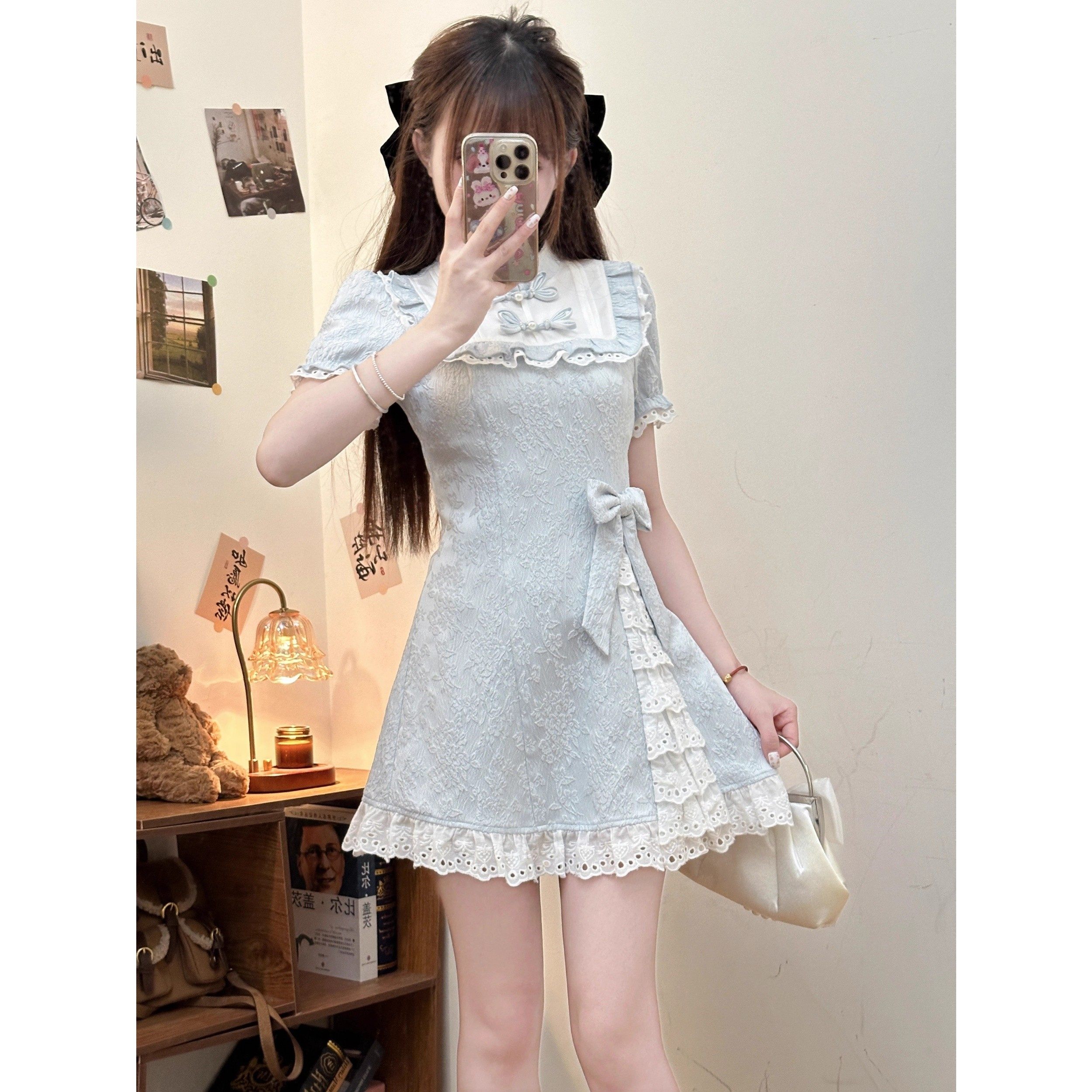 织物猪 蓝调甜茶 少女新中式连衣裙女夏季国风气质蓝色收腰短裙子,淘宝优惠券,粉丝福利购,淘宝优惠卷
