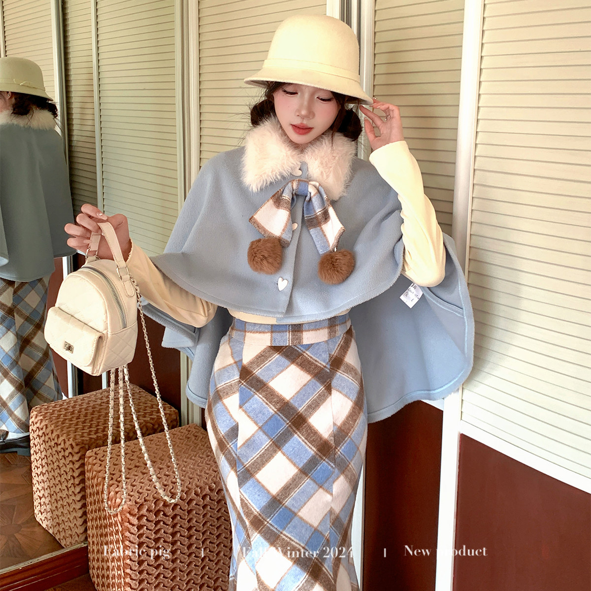 织物猪 冬日恋曲 千金风斗篷披肩外套女秋冬显瘦格纹鱼尾半身裙,淘宝优惠券,粉丝福利购,淘宝优惠卷