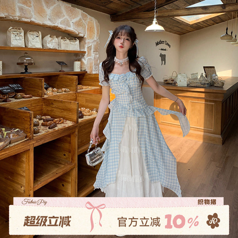 织物猪 蝴蝶絮语 蓝色开叉格纹连衣裙女夏日白色蛋糕长裙半身裙