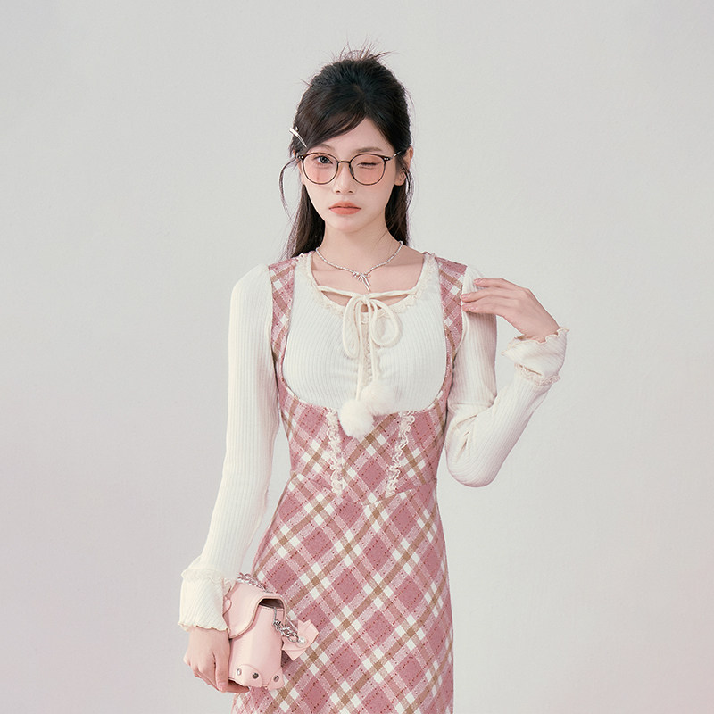 织物猪 绒球甜心 粉色假两件格纹连衣裙女秋冬内搭甜美气质长裙子,淘宝优惠券,粉丝福利购,淘宝优惠卷