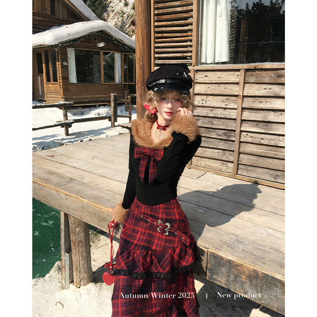 织物猪 莓果丝绒 甜酷风黑红色格纹半身裙套装女冬毛领上衣两件套,淘宝优惠券,粉丝福利购,淘宝优惠卷