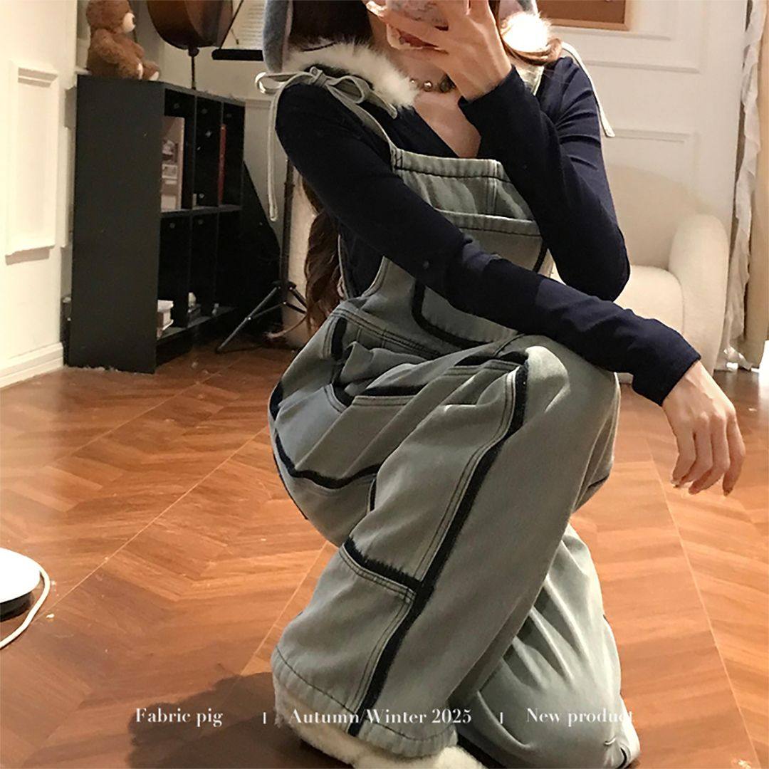 织物猪 软萌熊崽 韩系甜酷风口袋连体背带裤女秋冬牛仔长裤子,淘宝优惠券,粉丝福利购,淘宝优惠卷