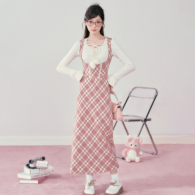 织物猪 绒球甜心 粉色假两件格纹连衣裙女秋冬内搭甜美气质长裙子,淘宝优惠券,粉丝福利购,淘宝优惠卷