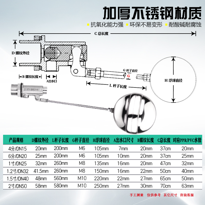 316不锈钢浮球阀 水箱水塔浮球阀全自动水位开关控制器4分 6分 - 图2