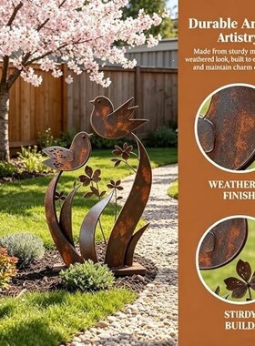 跨境新品Bird & Wildflower Metal Garden Stake鸟类野花花园插牌