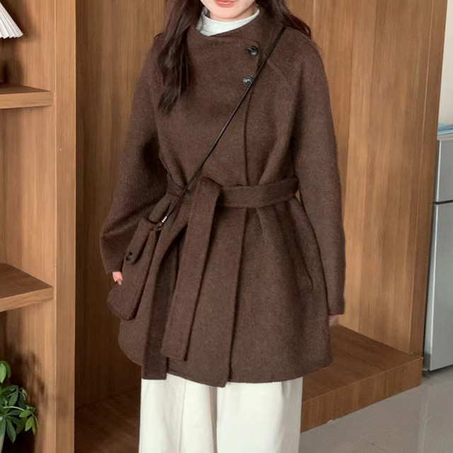 秋冬新款设计感单排扣双面羊毛大衣女中长款显瘦毛呢外套配背包