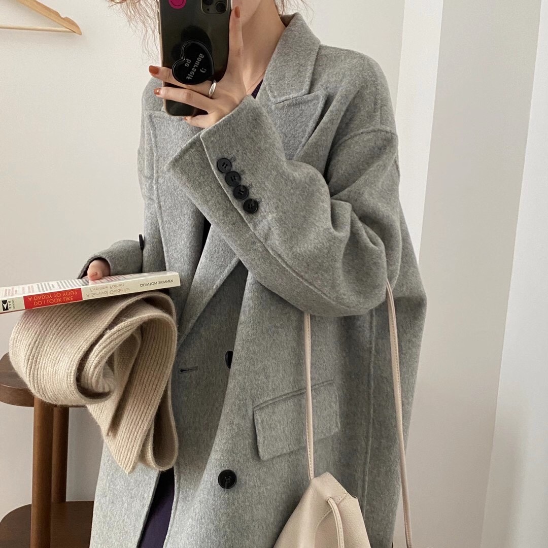 韩国东大门双面羊绒大衣女中长款廓形高级感灰色小个子羊毛呢外套