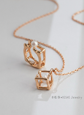 「禧饰」纯银S925立体几何方形珍珠项链法式轻奢简约高级感