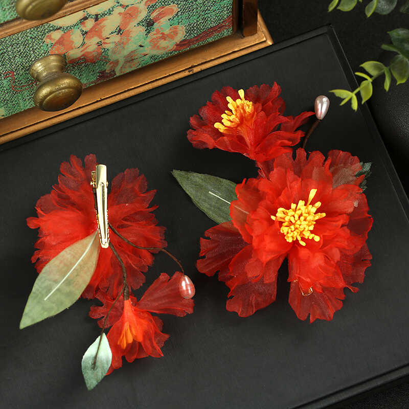古风手工绢纱花红色牡丹芍药唐风发饰仙美汉服夹子头饰发夹边夹