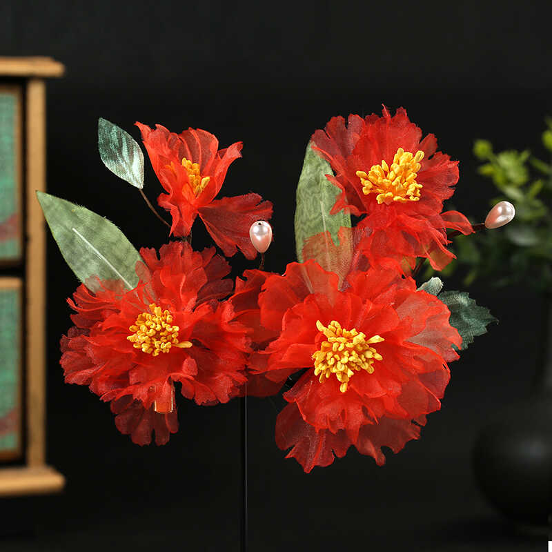古风手工绢纱花红色牡丹芍药唐风发饰仙美汉服夹子头饰发夹边夹