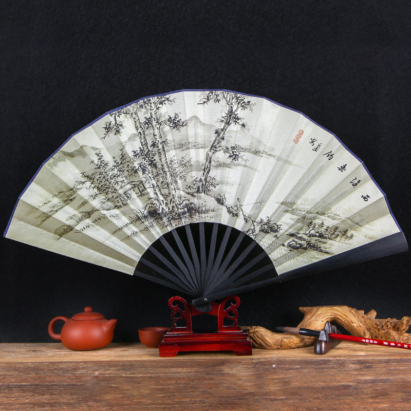 丝艺堂手工男士折扇山水中国风扇子丝绸绢扇古典扇古风礼品折扇_虎窝淘