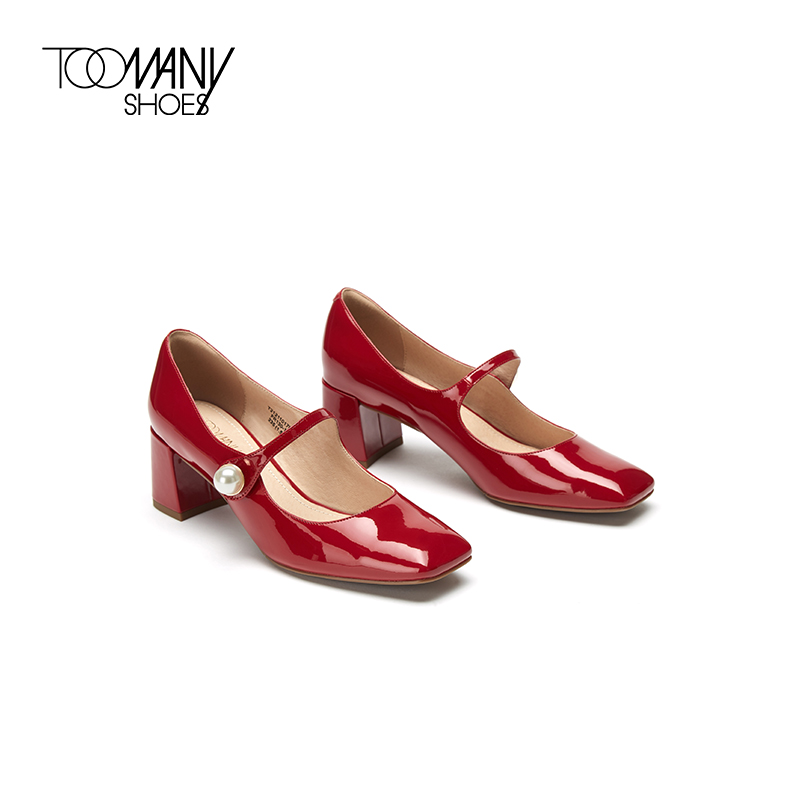 [吴昕同款]Toomanyshoes榛子蛋糕玛丽珍银色小皮鞋粗高跟红色婚鞋-图0