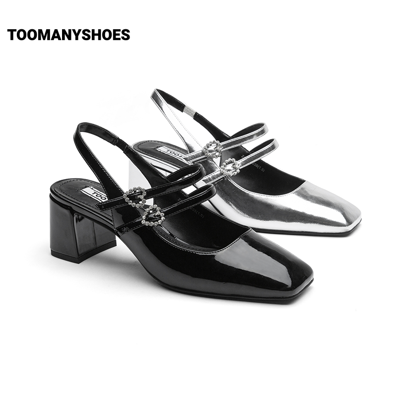 [吴昕同款]Toomanyshoes榛子蛋糕玛丽珍银色单皮鞋复古粗高跟婚鞋 - 图1