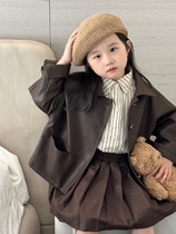Girls autumn fur coat jacket 2023 female baby spring autumn foreign air trendy Korean version shirt plexu skirt suit Chauga
