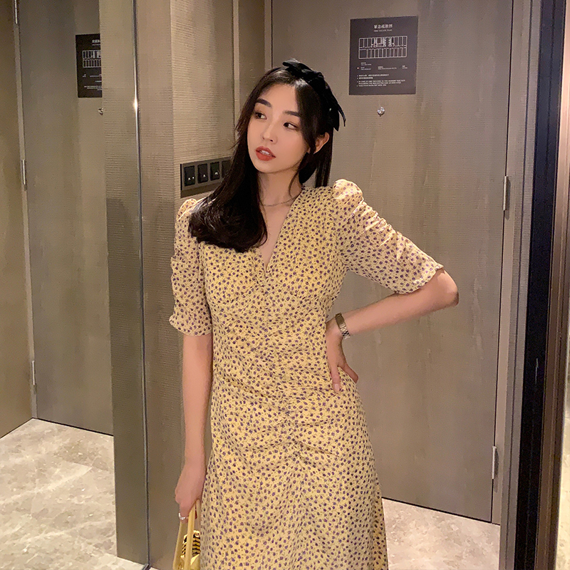 AZHUO阿卓AZHUO连衣裙女夏新款黄色大码v领雪纺中长款显瘦气质碎花裙子2
