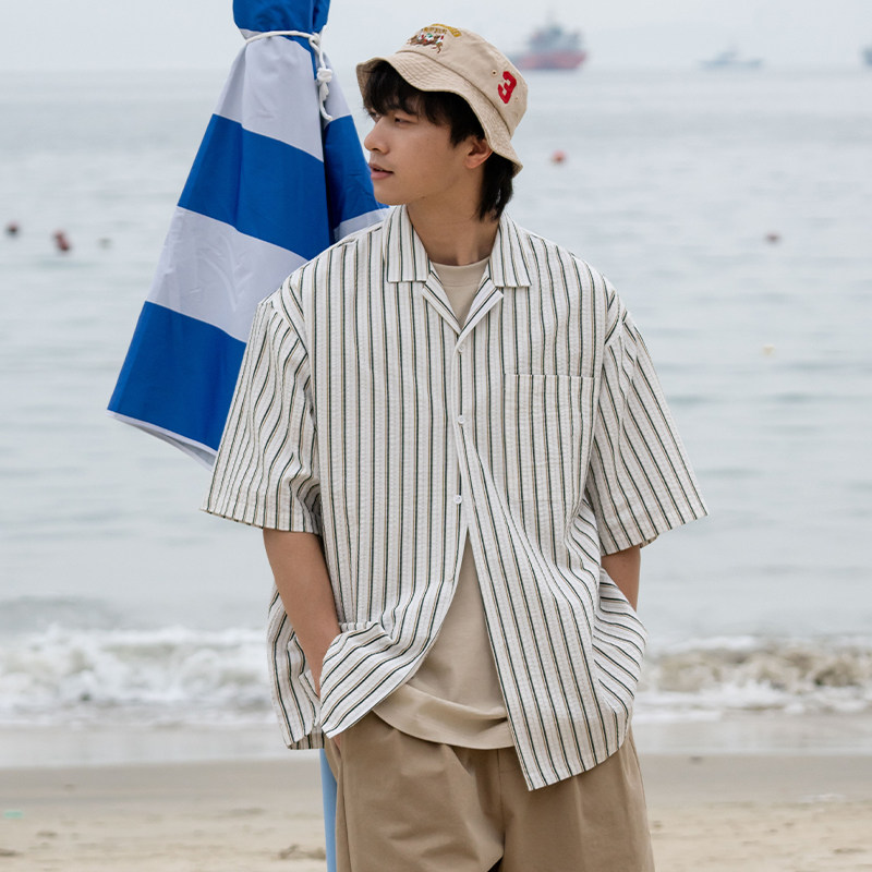 UrbanStandard日系条纹泡泡纱口袋衬衫男夏季宽松古巴领短袖衬衣,淘宝优惠券,粉丝福利购,淘宝优惠卷