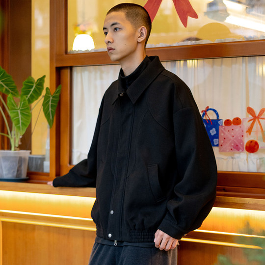 UrbanStandard日系复古美拉德毛呢外套男秋宽松翻领机车夹克外套