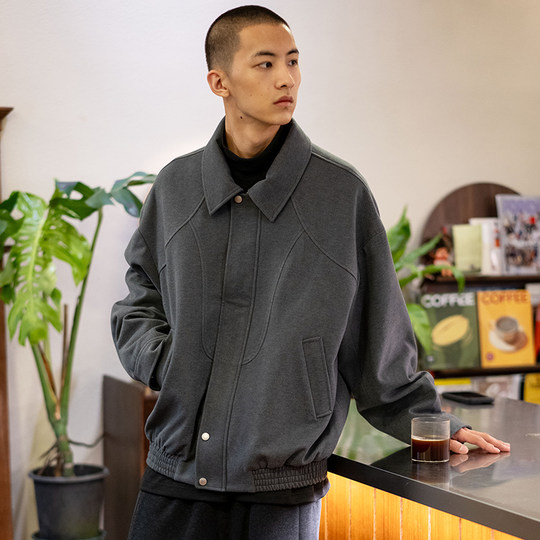 UrbanStandard日系复古美拉德毛呢外套男秋宽松翻领机车夹克外套