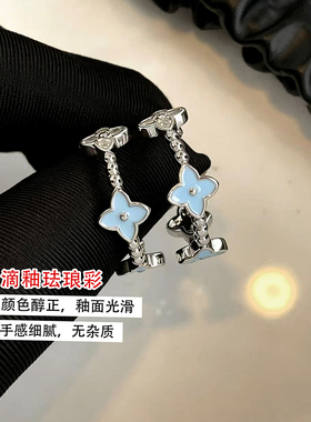 滴釉四叶草蓝色耳环女纯银针老花